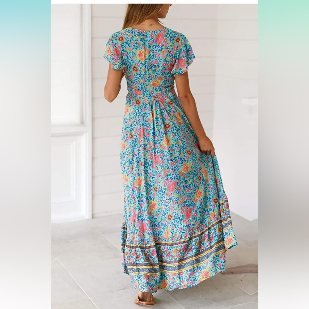 Boho, Floral Print, Summer, Spring Green, Blue, yellow Rockabilly, Cowgirl Dress - Picture 3 of 9